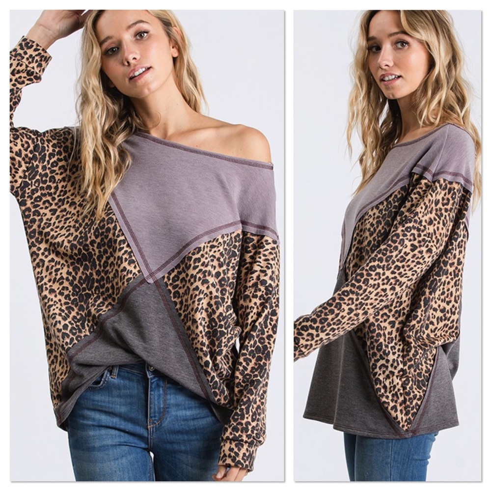 Purple Color Block Animal Print Top
